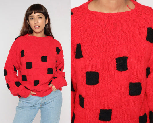 80s Red Black Checkered Knit Sweater Crewneck Pullover Medium Large