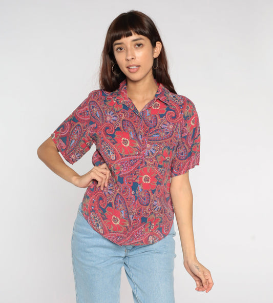 90s Paisley Floral Button Up Blouse Red Blue Short Sleeve Small
