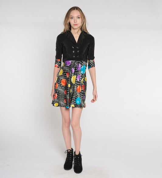 90s Black Geometric Silk Mini Dress Double Breasted V Neck Empire Waist Extra Small