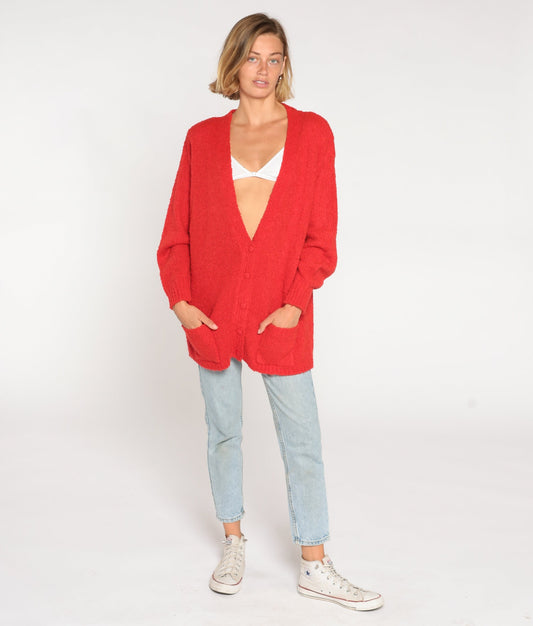 80s Red Cardigan Button-Up Knit Sweater Large L