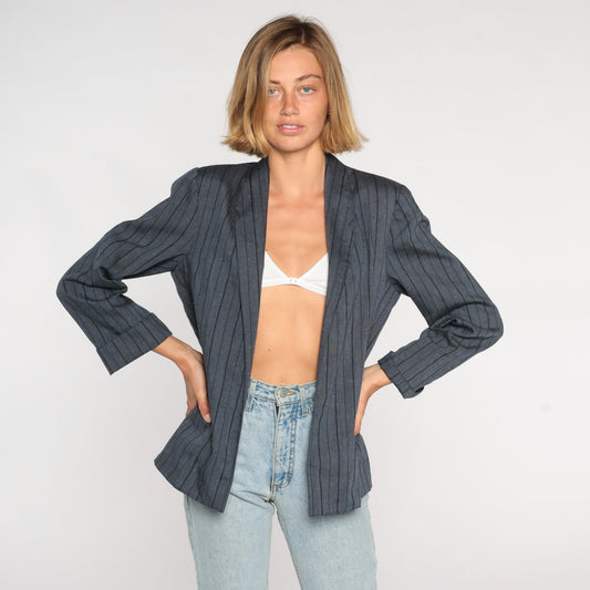 90s Grey Pinstripe Blazer Open Front Jacket Medium