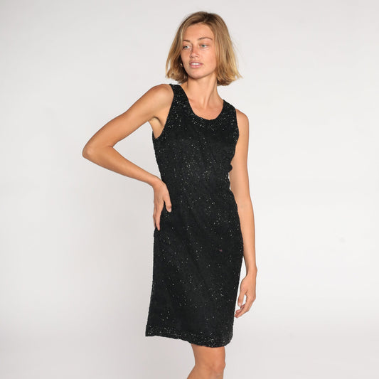 90s Black Silk Beaded Mini Dress Sleeveless Sheath Cocktail Medium M