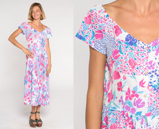 80s Floral Midi Dress Pink Blue Purple Button-Up V-Neck Medium