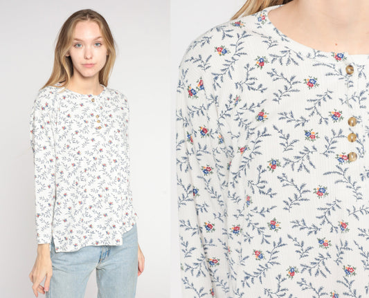 90s Floral Henley Long Sleeve Ribbed Shirt White Medium