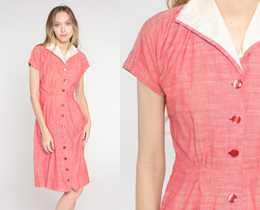 1950s Pink Woven Shirtdress Collar Button-Up Knee Length Small