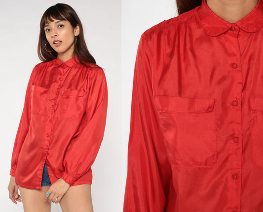 80s Red Button-Up Blouse Rounded Collar Long Sleeve Shirt Medium