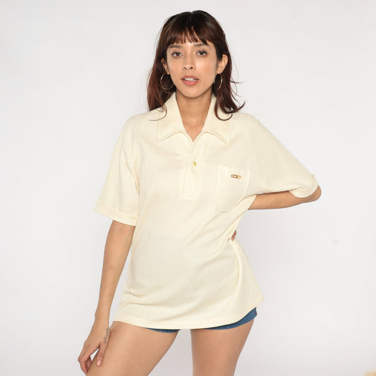 70s Cream Ribbed Polo Shirt Chain Pocket Short Sleeve Mens Medium