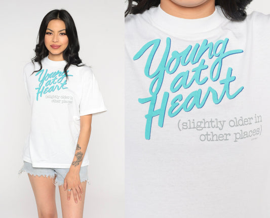 90s Young at Heart Graphic T-Shirt Funny Aging Joke White Cotton Medium