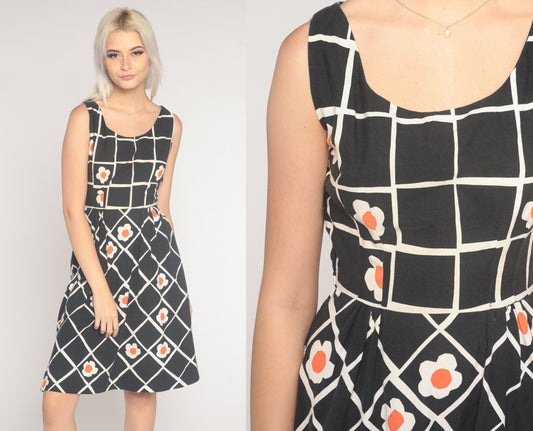 60s Black White Checkered Floral Mini Dress Sleeveless A-Line Extra Small