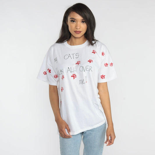 90s Cat Graphic T-Shirt Paw Print Funny Novelty Tee Large L
