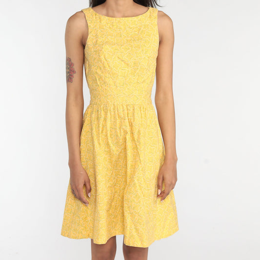 60s Yellow Mini Dress Abstract Print A-Line Sleeveless Cotton Extra Small