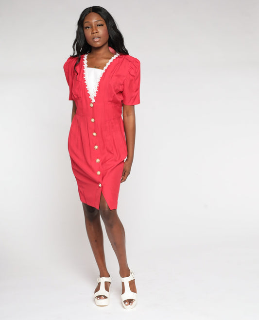 90s Red Midi Dress V Neck Puff Sleeve Button Up Lace Trim High Waist Small 6