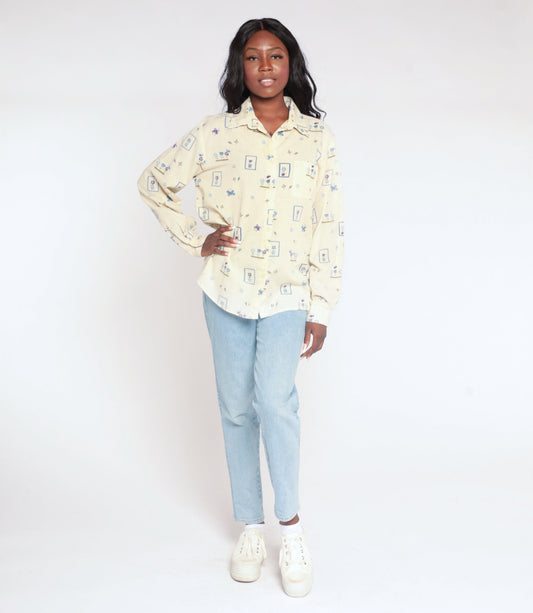 90s Yellow Butterfly Flower Print Button-Up Blouse Long Sleeve Large L