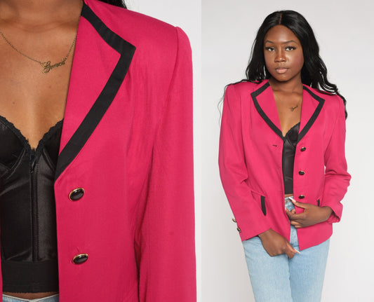 90s Hot Pink Blazer Black Trim Button Up Jacket Small S