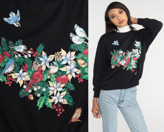 90s Bird Floral Wreath Turtleneck Sweatshirt Black Graphic Pullover Medium