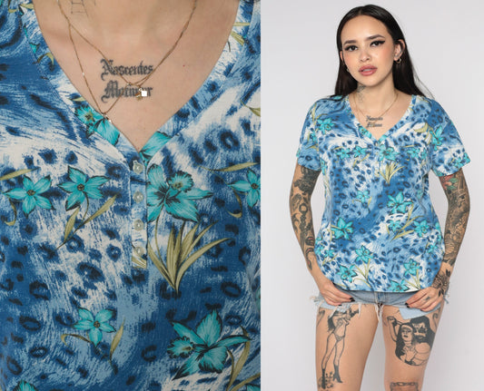 00s Tropical Floral Leopard Print Button-Up Blouse Blue Short Sleeve Small S