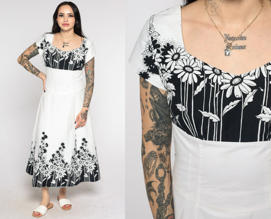90s Jodi Of California Floral Midi Dress Black White Daisy Empire Waist Small