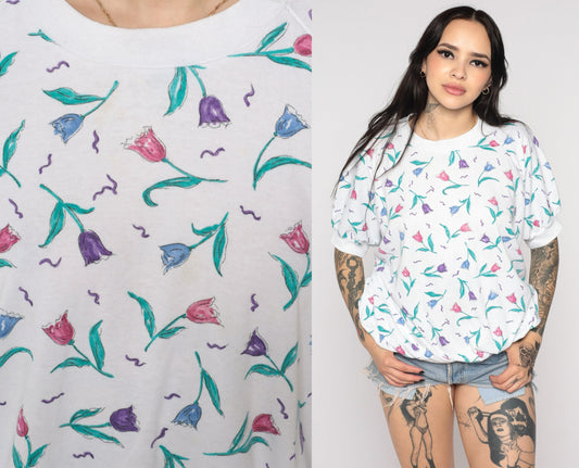 80s White Floral Print Top Banded Hem Short Sleeve Plus Size XXL