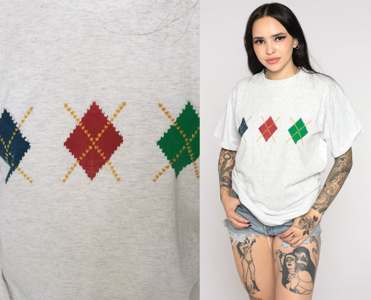 90s Argyle Checkered Crewneck T-Shirt Heather Grey Graphic Tee Medium