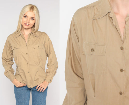 90s Tan Button-Up Shirt Long Sleeve Collared Blouse Small