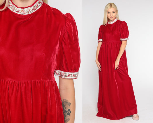 70s Red Velvet Maxi Dress Puff Sleeve High Waist Floral Ribbon Trim Small