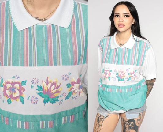 80s Floral Colour Block Striped Shirt Green White Short Sleeve Extra Large XL