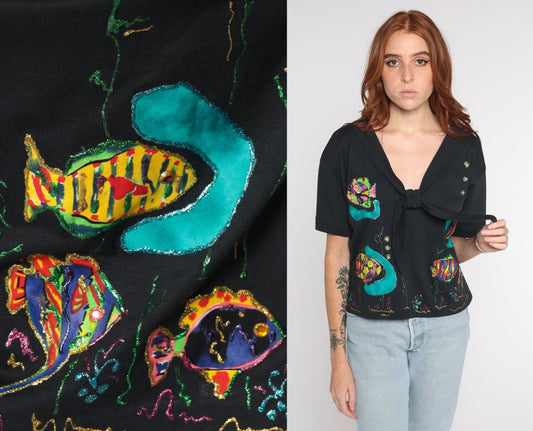 90s Black Tropical Fish Ascot Blouse Glitter Pearls Short Sleeve Large L