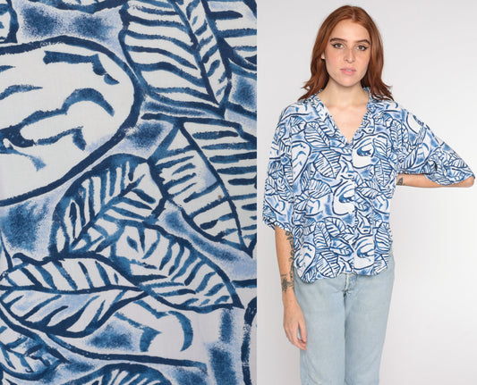 90s Blue White Leaf Print Button Up Shirt Rayon Large L