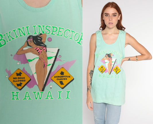 80s Bikini Inspector Tank Top Hawaii Graphic Mint Green Large