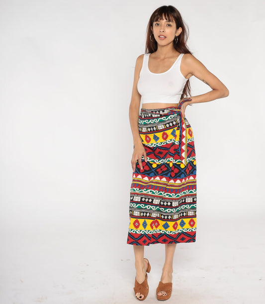 90s Geometric Aztec Print Wrap Midi Skirt Cotton Red Yellow Blue Medium M