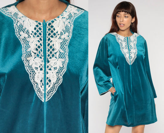 80s Teal Velour Mini Lounge Dress Floral Lace Bib Long Sleeve Zip Front Large L