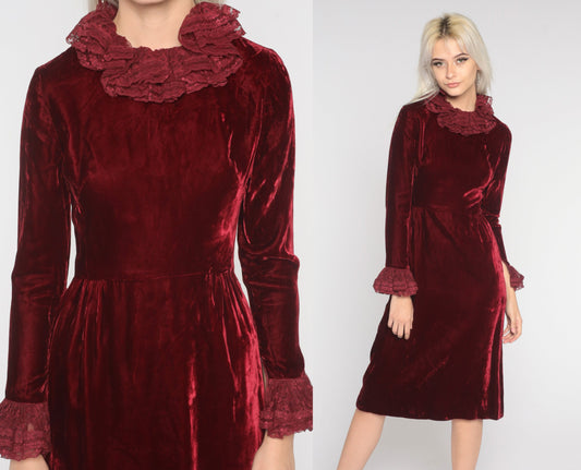 60s Red Velvet Midi Dress Lace Ruffle Long Sleeve High Waist Extra Small