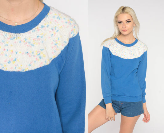80s Blue Knit Yoke Raglan Sweatshirt Flecked Crewneck Small