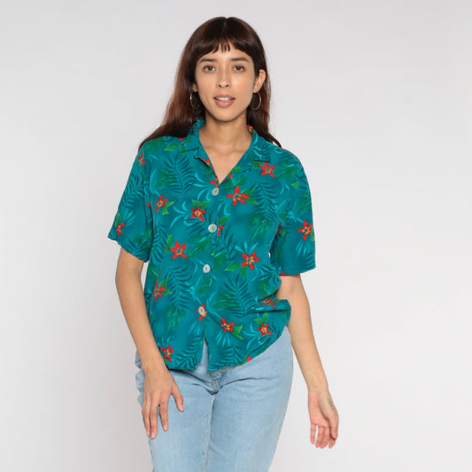 90s Tropical Floral Button-Up Blouse Teal Leaf Print Short Sleeve Small