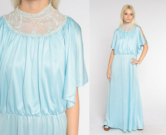 70s Blue Maxi Dress Grecian High Neck Embroidered Lace Split Sleeve Large