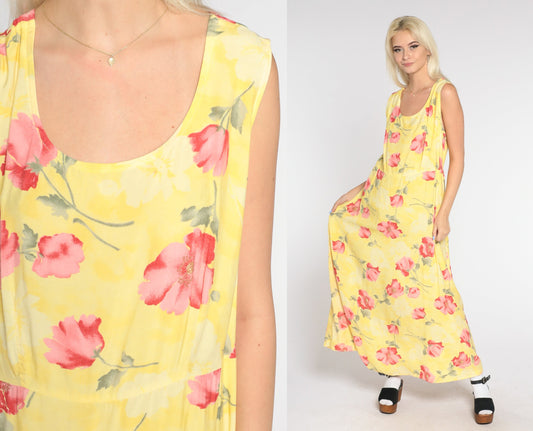 90s Yellow Poppy Print Maxi Dress Sleeveless Floral Large L