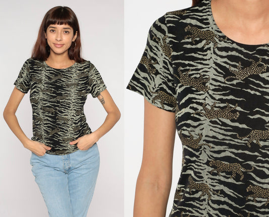 90s Bentley Leopard Animal Print Shirt Short Sleeve Blouse Small Medium