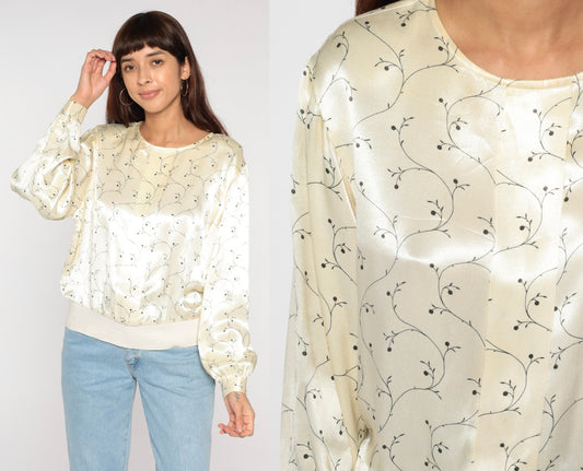 90s Cream Floral Shiny Blouse Long Sleeve Pullover Banded Hem Medium M