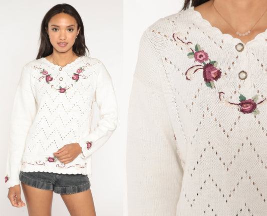 90s White Floral Embroidered Cutout Sweater Pearl Button Henley Medium Large