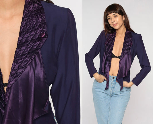 90s Purple Cascade Ruffle Blazer Cropped Jacket Woven Chest Extra Small
