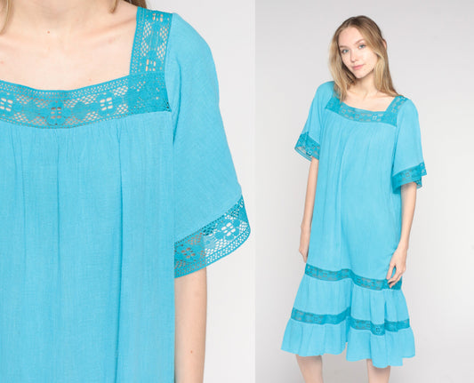 80s Blue Cotton Midi Dress Crochet Trim Tiered Trapeze Sundress Small