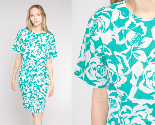 90s Green Rose Floral Print Dress Knee Length Button Wrap Pencil Medium M