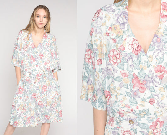 80s Floral Romper High Waisted Knee Length Wide Leg Collared Jumpsuit Extra Large