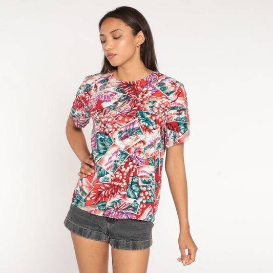80s Hawaiian Tropical Island Shirt Red Floral Aloha Blouse Small