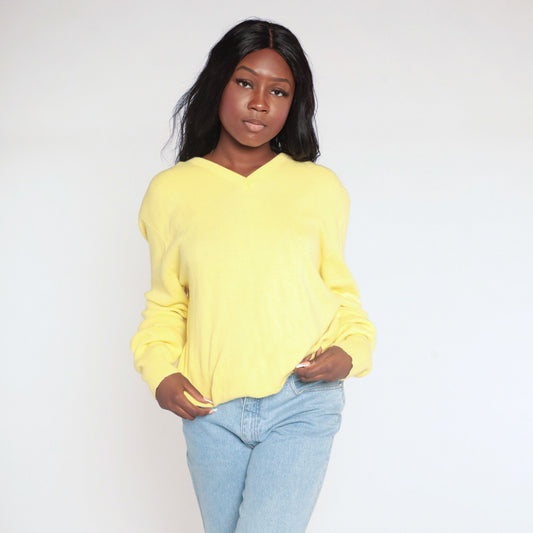80s Yellow V-Neck Knit Sweater Extra Large XXL