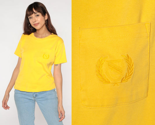 90s Yellow Cotton T-Shirt Embroidered Crest Pocket Tee Small