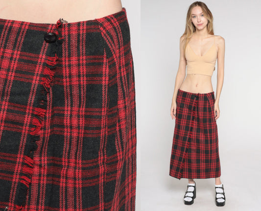 80s Wool Plaid Midi Skirt Red Black Tartan Faux Wrap Button Front Medium