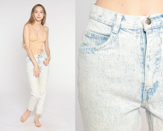 90s Acid Wash High Waisted Mom Jeans Blue White Denim Tapered Extra Small