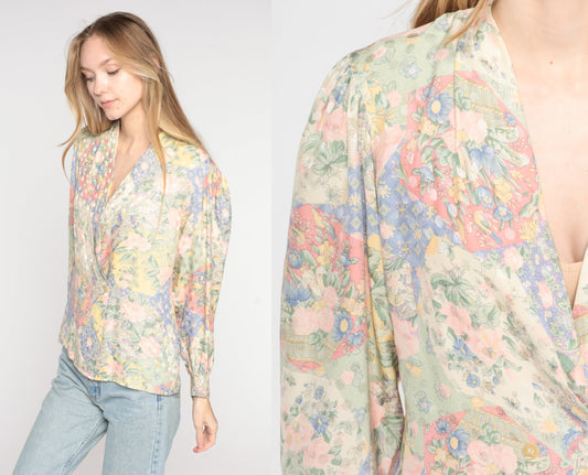 80s Floral Silk Wrap Blouse V-Neck Double Breasted Long Sleeve Small
