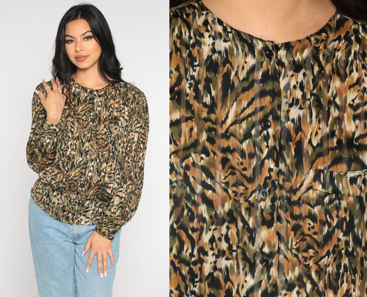 90s Animal Print Button-Up Blouse Tiger Leopard Stripe Long Sleeve Large